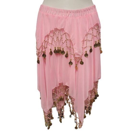 Pink Short Skirt Belly Dancing Skirt Crocheted with Gold Beads and Coins  NEW - Picture 1 of 5